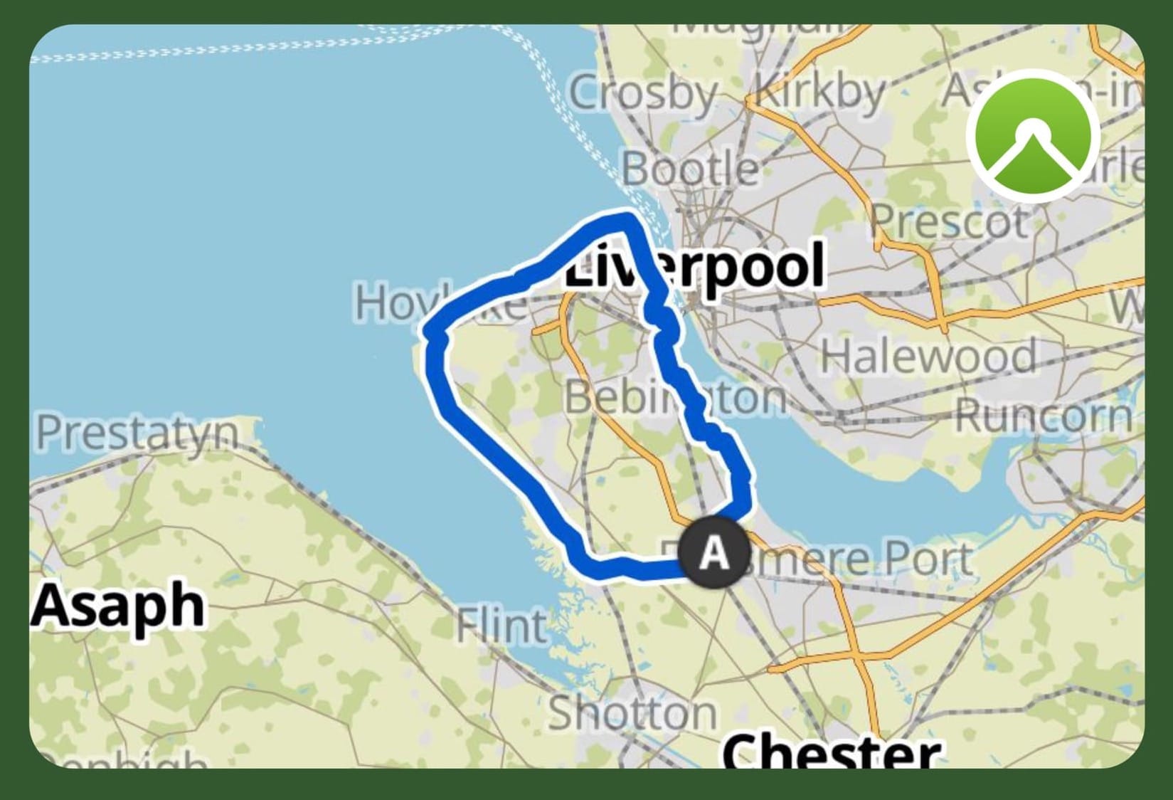 Map showing the route marked in blue around the edge of the Wirral Peninsula