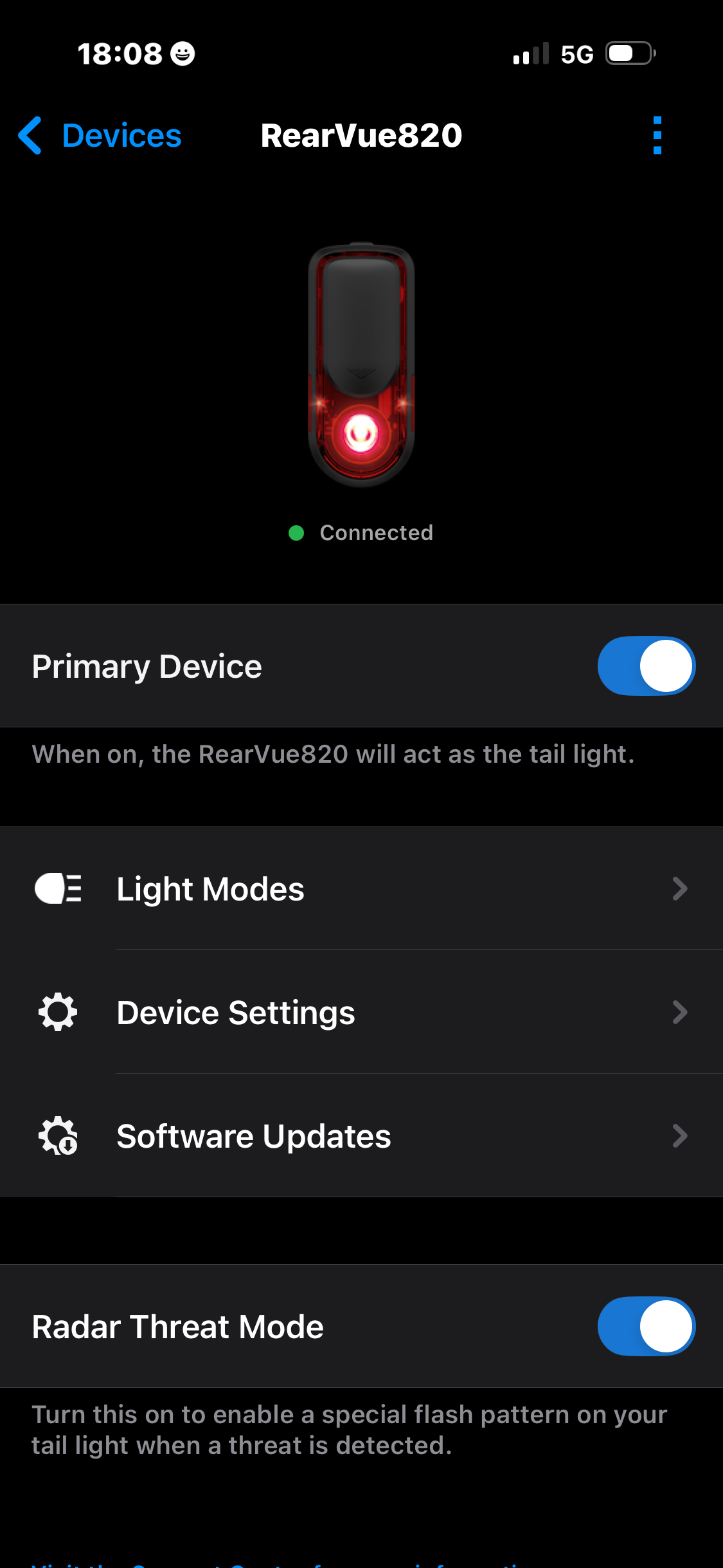 The options available on the Varia app