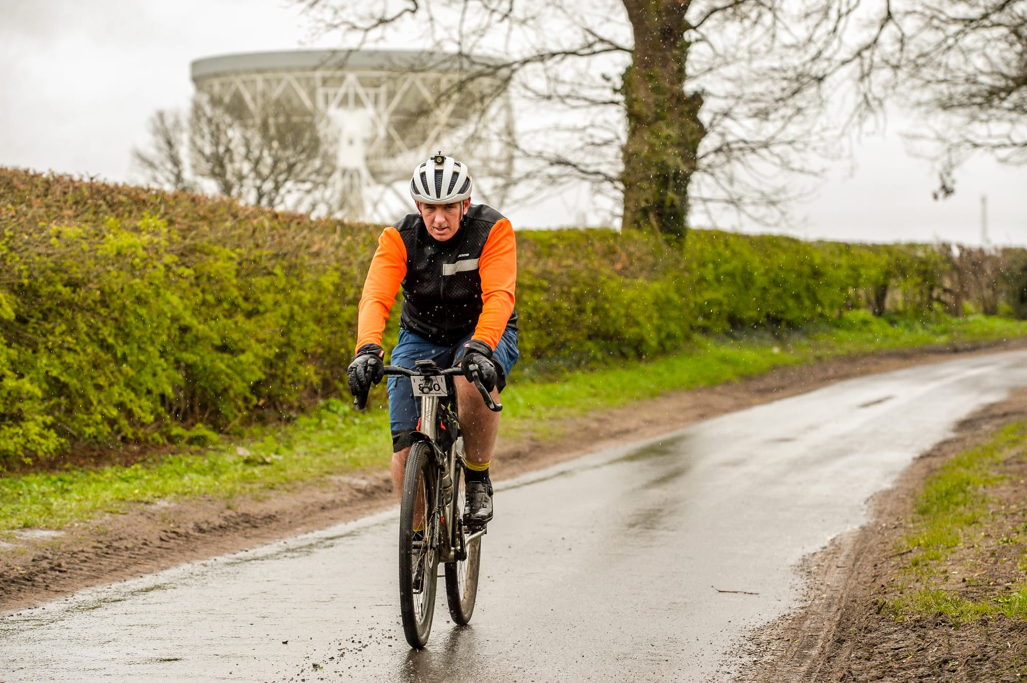 In the rain with Jodrell Bank in the background