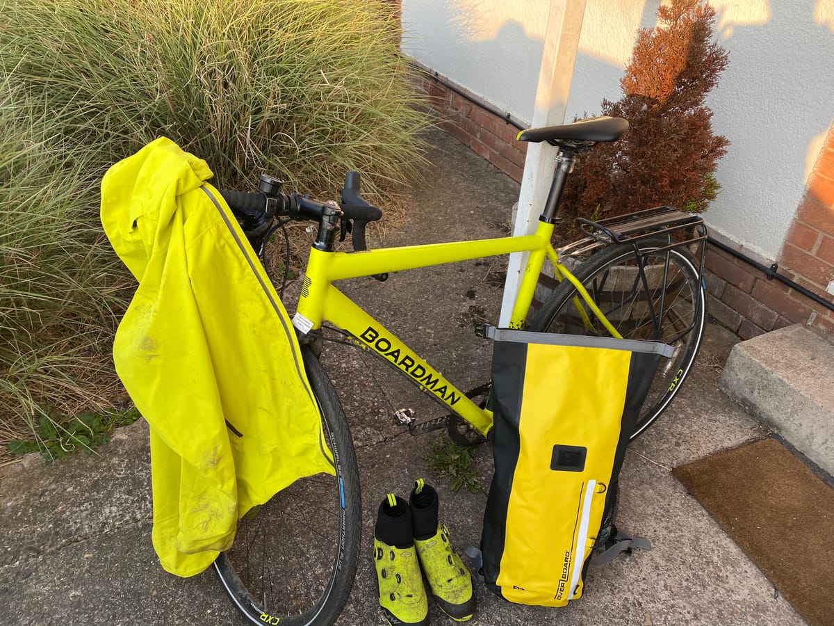 Bike with jacket, boot and bag. All in yellow!